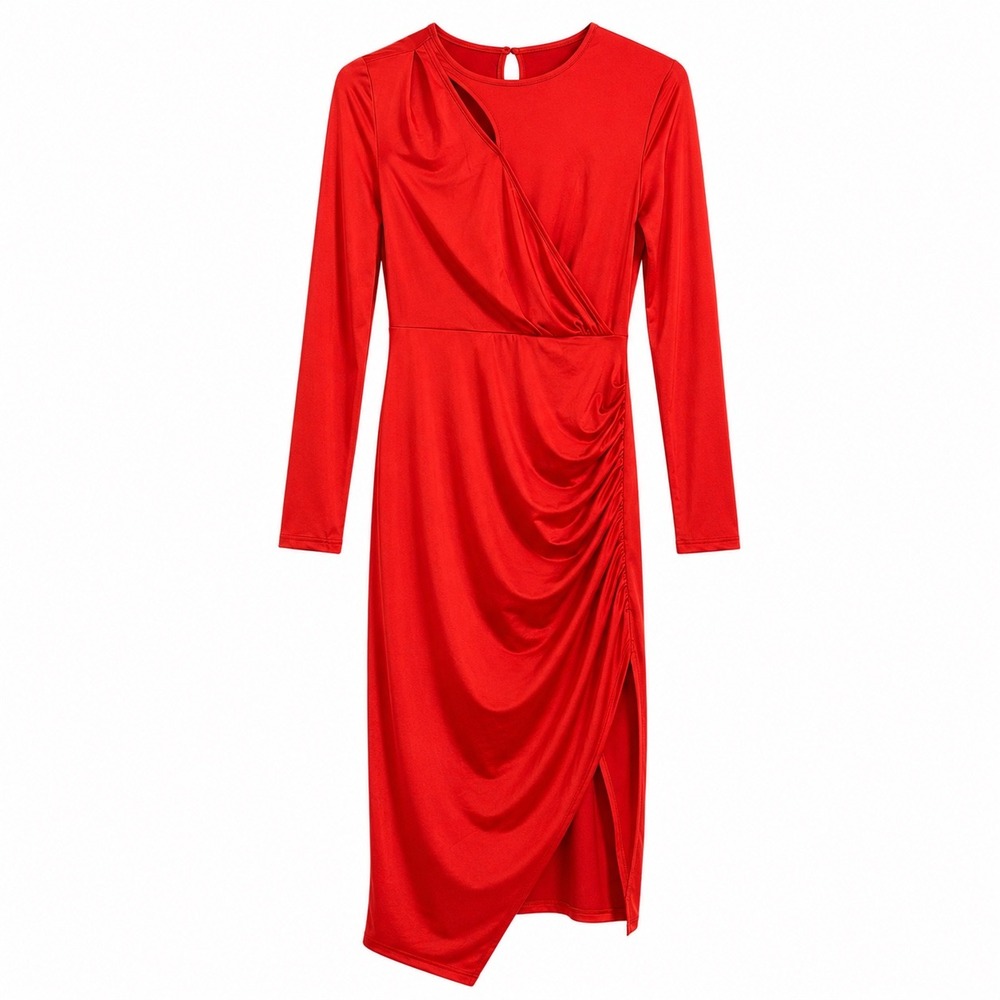 Red Ruched Cutout Long Sleeve Midi Dress Small